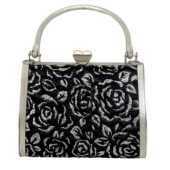 Y2K Ornate Silver Butterfly & Glitter Rose Fabric Clasp Top Mini Hard Bag - Picture 3 of 6